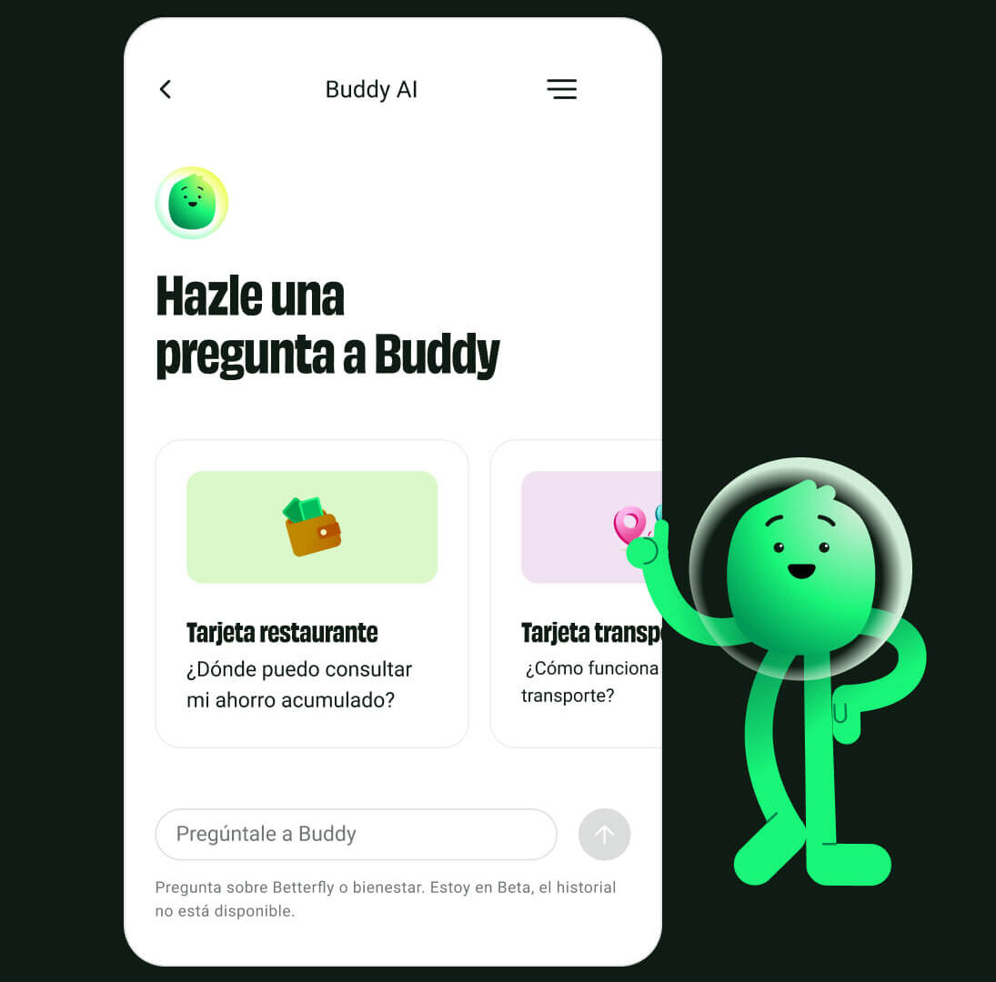Buddy AI de Betterfly respondiendo preguntas sobre tarjeta restaurante y tarjeta transporte en aplicación móvil