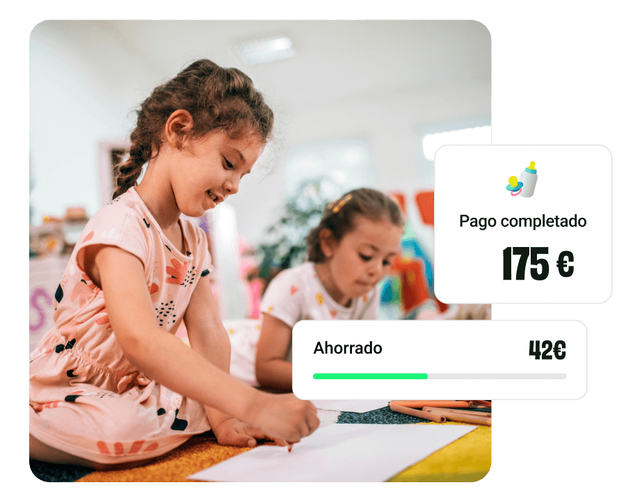 Pago de guardería con Betterfly mostrando ahorro de 42 euros y gasto de 175 euros en cuidado infantil
