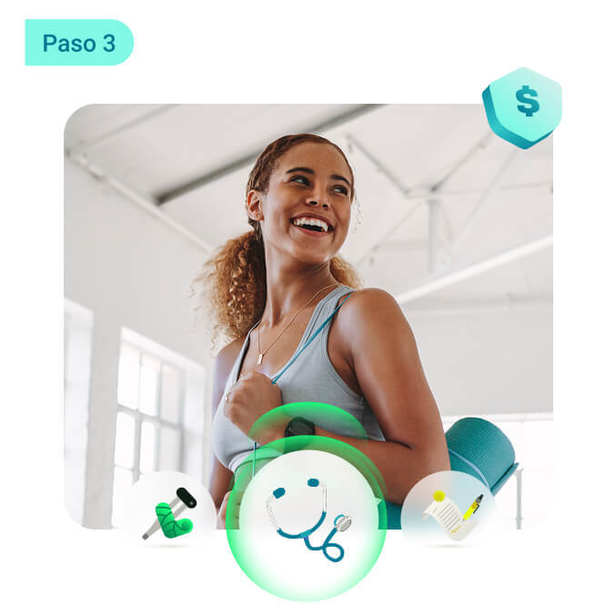 Mujer sonriendo después de hacer ejercicio representando el Paso 3 de la plataforma Betterfly, donde los empleados eligen coberturas y beneficios de salud y bienestar.
