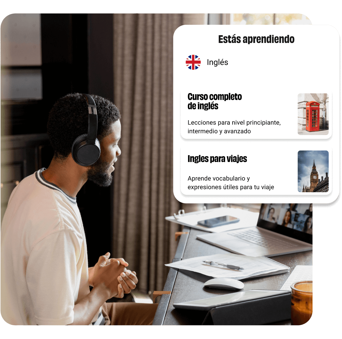 Empleado aprendiendo inglés online con Busuu en español, curso de idiomas incluido como beneficio corporativo de capacitación laboral.