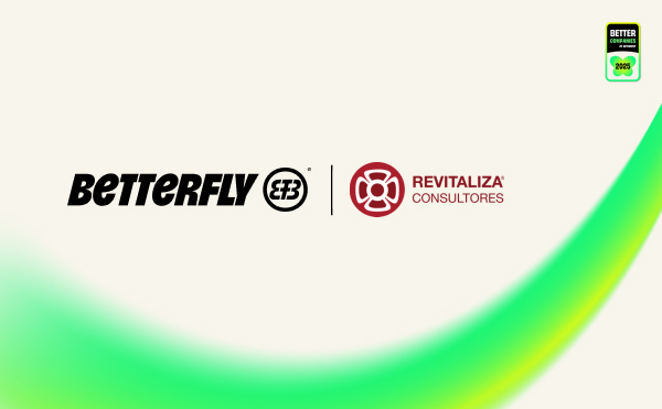 Logotipos de Betterfly y Revitaliza Consultores sobre un fondo claro con ondas en verde y amarillo en la esquina inferior derecha. En la parte superior derecha, el logo de “Better Companies 2025”.