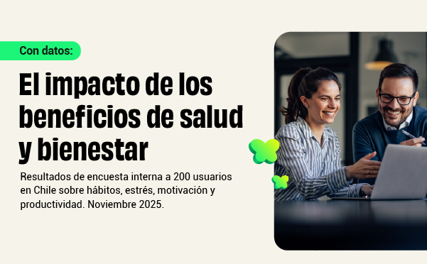 Banner informativo sobre salud y bienestar laboral con el título “El impacto de los beneficios de salud y bienestar”, acompañado por una imagen de dos colaboradores trabajando juntos frente a un computador portátil.