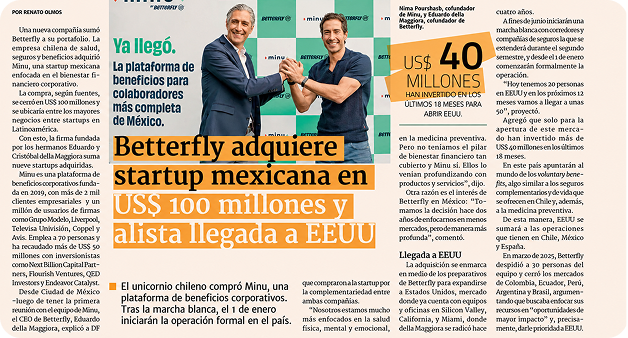 Recorte de prensa de Diario Financiero que informa la adquisición de la startup mexicana Minu por parte de Betterfly por US$100 millones.