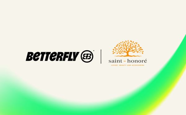 Logotipos de Betterfly y Saint Honoré sobre un fondo claro con elementos gráficos verdes.